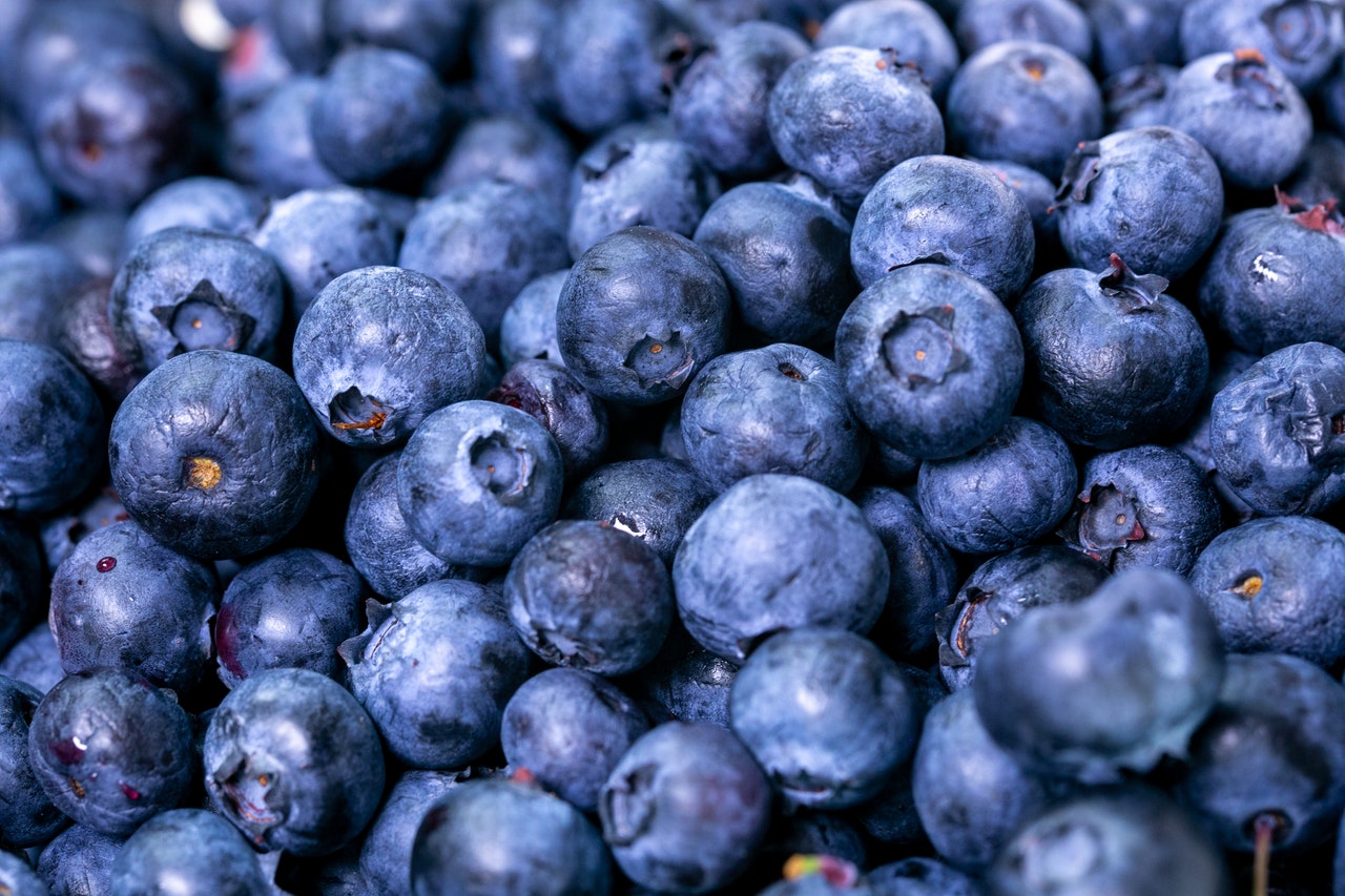 A close up of pile of ripe blueberries.